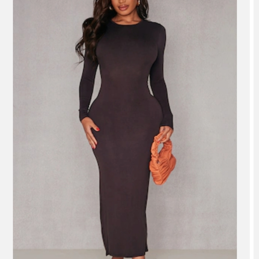PINC CHOCOLATE BROWN LONG SLEEVE DRESS BUILT IN LAYERED NECKLACE
